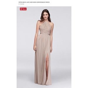 Open-Back Lace & Mesh Bridesmaid Dress in Biscotti
